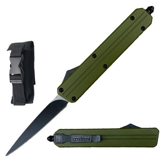 8.75" Green Needlepoint Automatic Dual Action Out The Front Knife