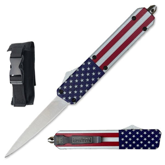 8.75" USA Flag Needlepoint Automatic Dual Action Out The Front Knife