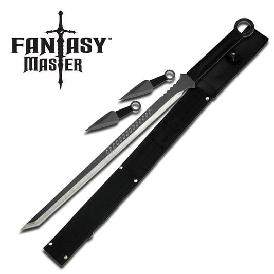 Black Ninja Sword With Set Of 2 Kunai Throwing Knives Combo Set With Back Belt Sheath