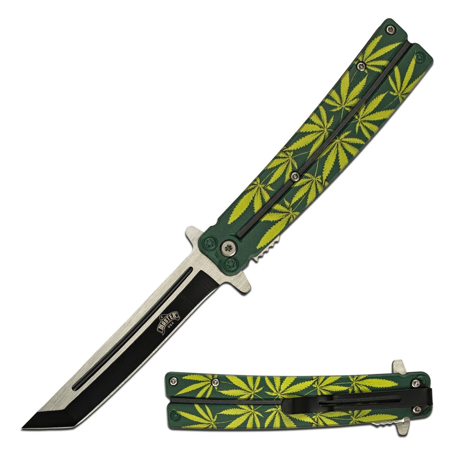 Spring Assist Open Tanto Blade Cannabis Leaf Design Handle