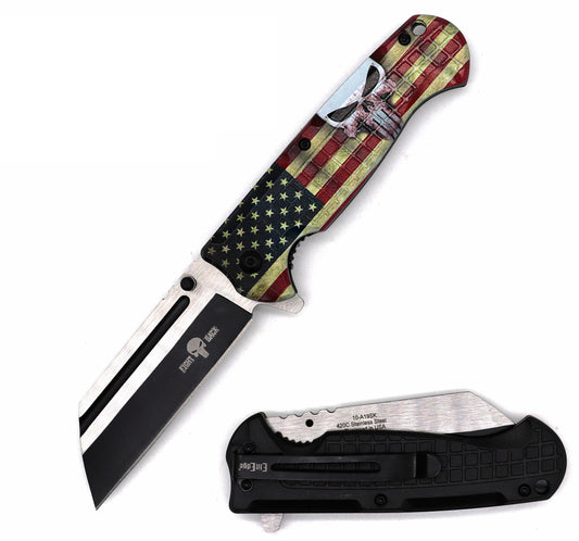 4.6" Closed US Flag Punisher Cleaver Razor Blade Spring Assist Knife