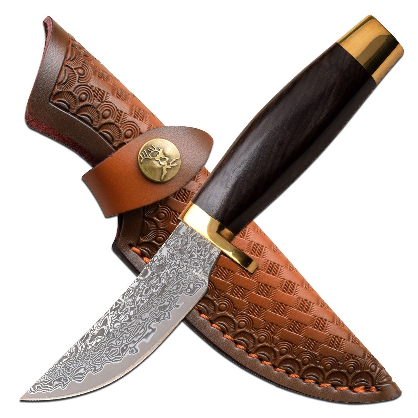 Elk Ridge 7.5" Wood Handle Fixed Blade Hunting Skinning Knife Damascus Steel