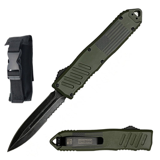 9" American Flag Army Green OTF Dual Action Automatic Knife