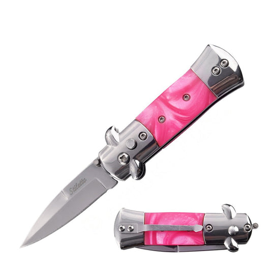 5.65" Mini Stiletto Switch Blade Automatic Knife - Pink Pearl Handle