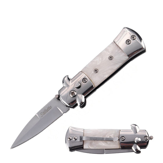 5.65" Mini Stiletto Switch Blade Automatic Knife - White Pearl Handle