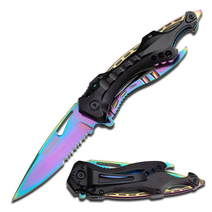 Spring Assist Folding Pocket Knife Serrated Rainbow Survival EDC