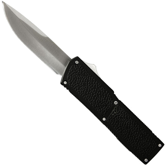 7.75" Steel Shadow Automatic Black Textured Out the Front Drop Point OTF Knife