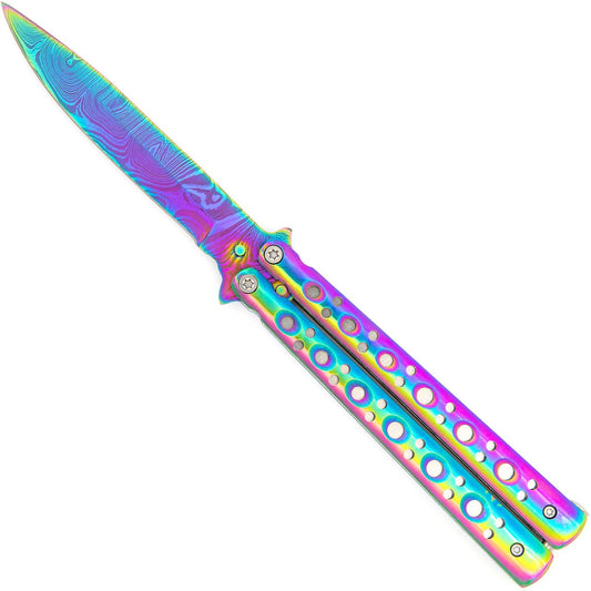 Balisong Flipper Butterfly Knife | Titanium Damascus Steel | Drop Point Blade