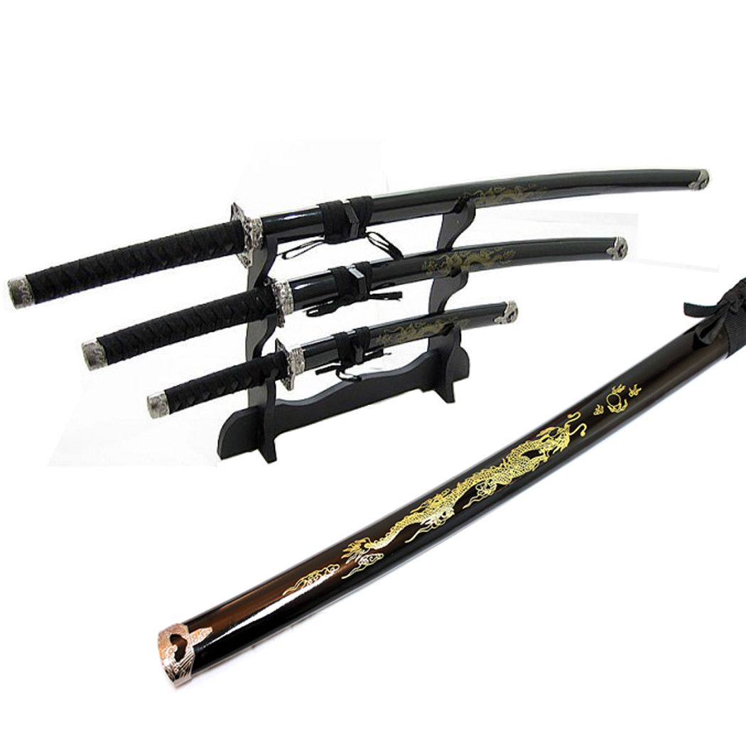 3 Pc Japanese Samurai Katana Black Sword Set