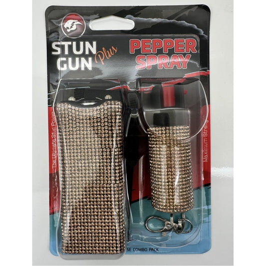 Gold Rhinestones Mini Stun Gun and Pepper Spray Combo for Self Defense