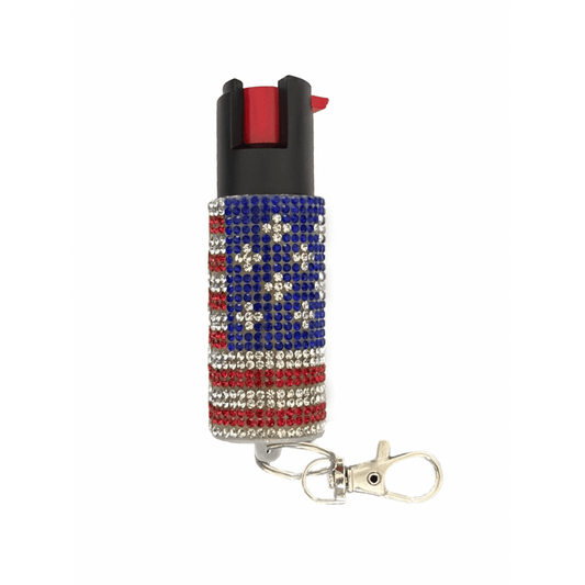 USA Flag Rhinestones Keychain Personal Defense Pepper Spray OC-18 1/2 oz