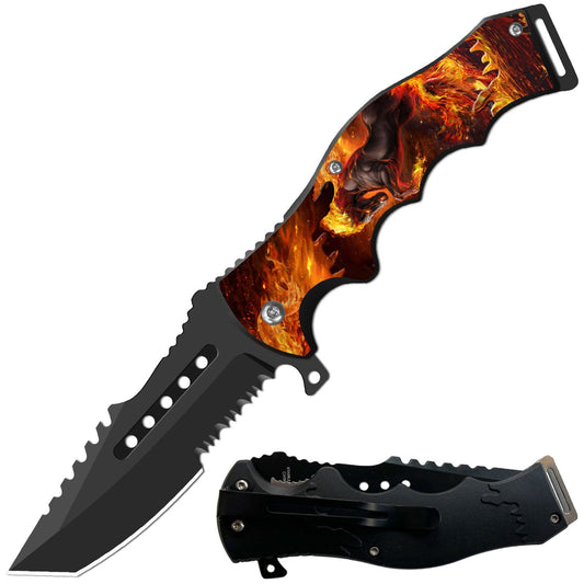 8.5" Tactical Flame Horse Spring Assisted Folding Open Pocket Knife Cleaver Blade