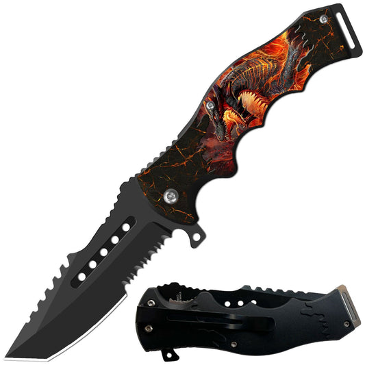 8.5" Tactical Flame Dragon Spring Assisted Folding Open Pocket Knife Cleaver Blade