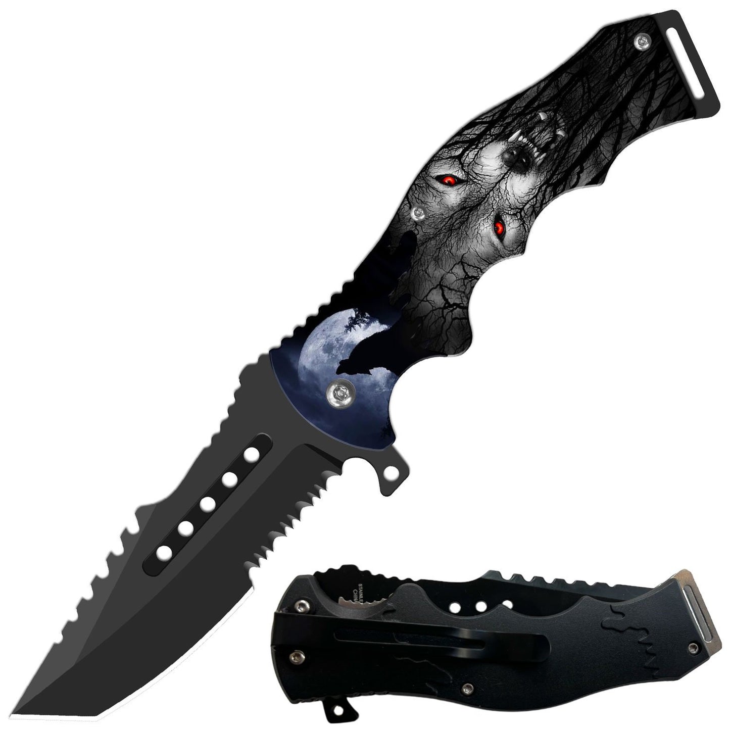 8.5" Tactical Wolf Spring Assisted Folding Open Pocket Knife Razer Blade