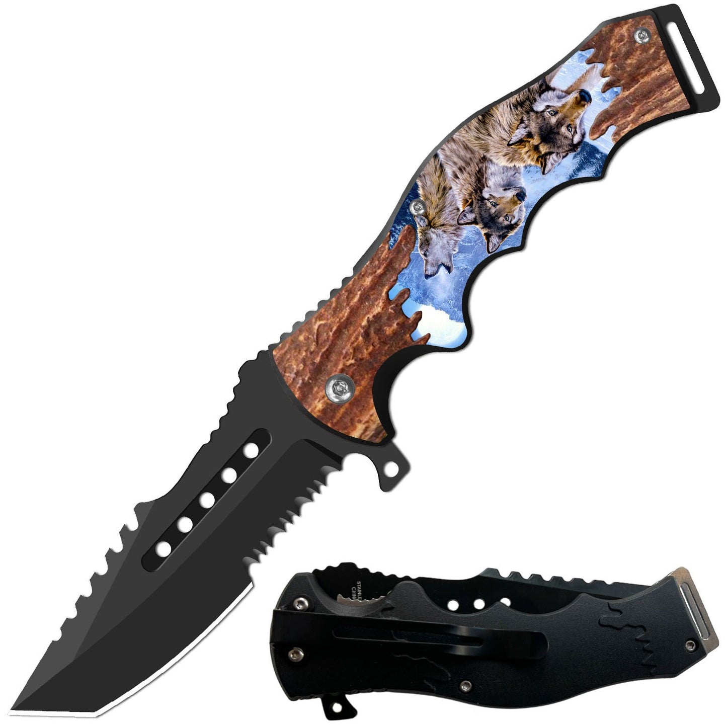 8.5" Tactical Wolves Spring Assisted Folding Open Pocket Knife Razer Blade