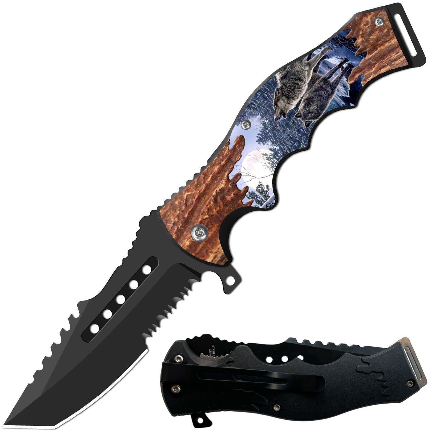 8.5" Tactical Wolves Spring Assisted Folding Open Pocket Knife Cleaver Blade