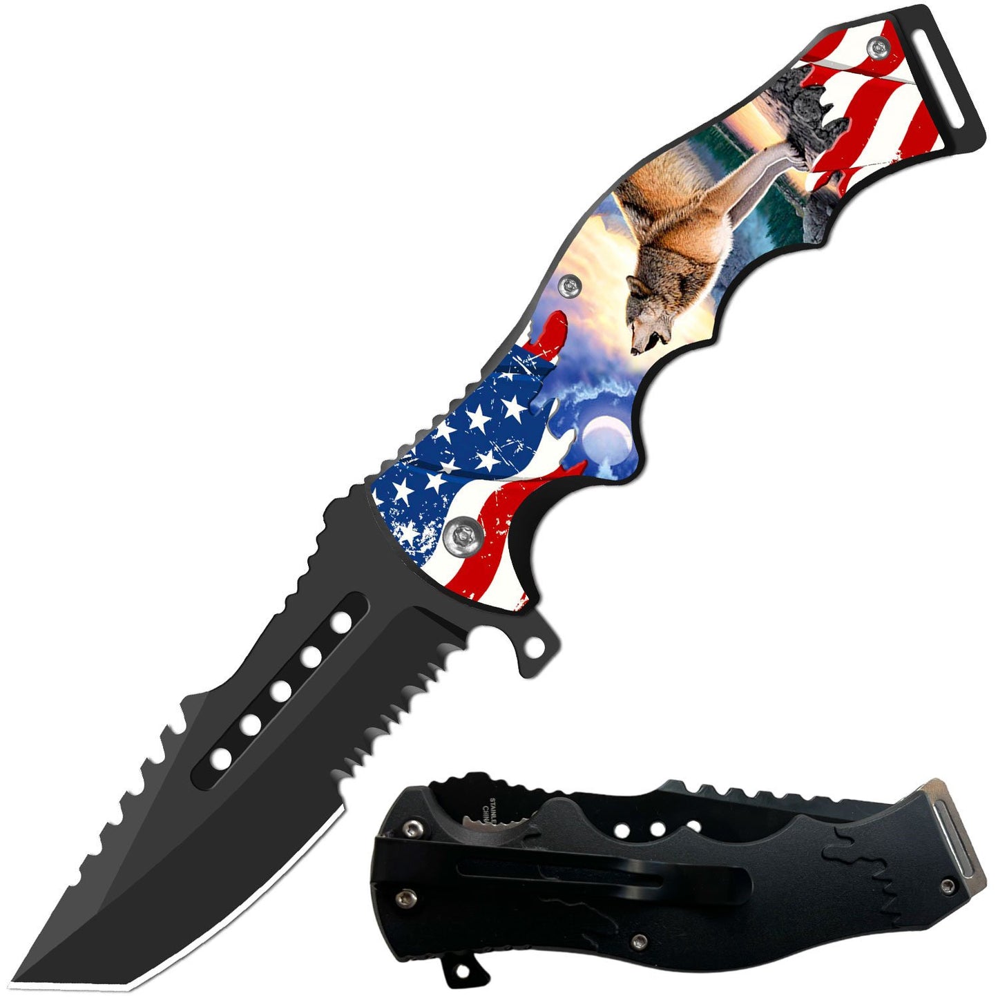 8.5" Tracker Huntsman American Roaring Wolf Spring Assisted Folding Open Pocket Knife