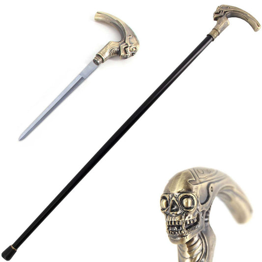 Brass Alien Skull Head Gentlemen Cane Sword