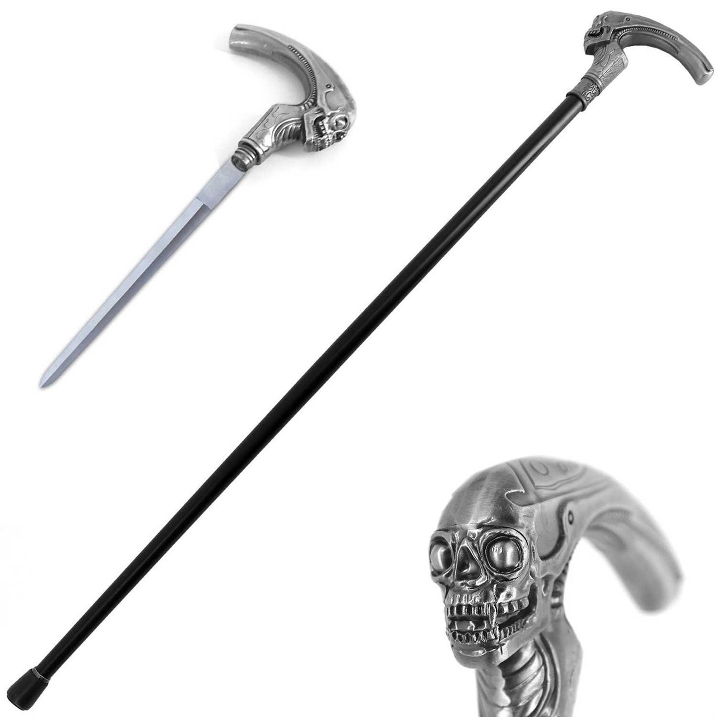 Silver Alien Skull Head Gentlemen Cane Sword