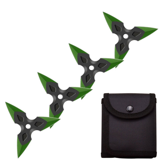 4 Pc Black/Green Finish Three-Pointed Triangle Throwing Ninja Stars Shuriken