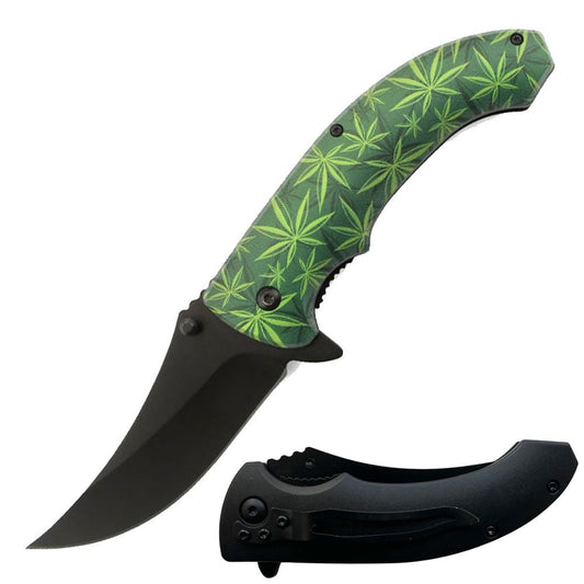 8" Green Cannabis Marijuana Leaf Spring Assisted Open Folding Pocket Knife