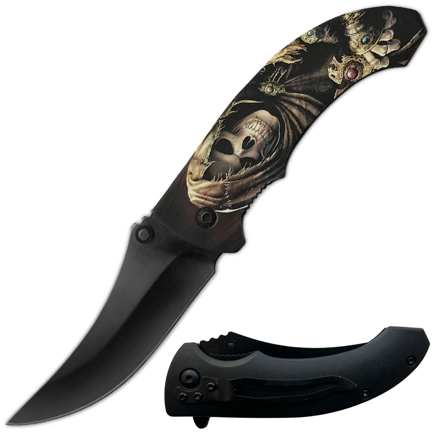 8" Grim Reaper Death Skull Spring Assisted Open Folding Pocket Knife