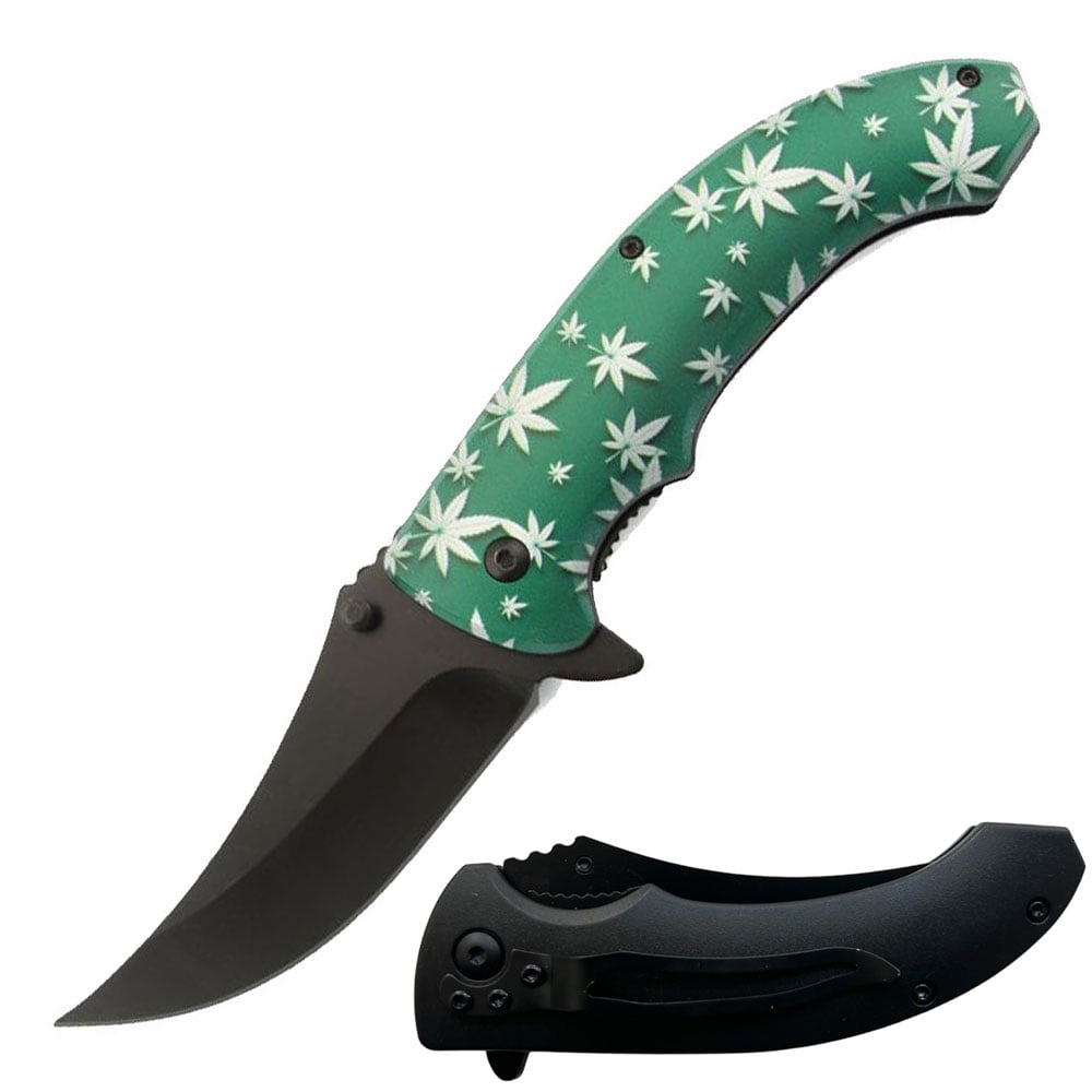 8" Cannabis Marijuana Leaf Spring Assisted Open Folding Pocket Knife Green