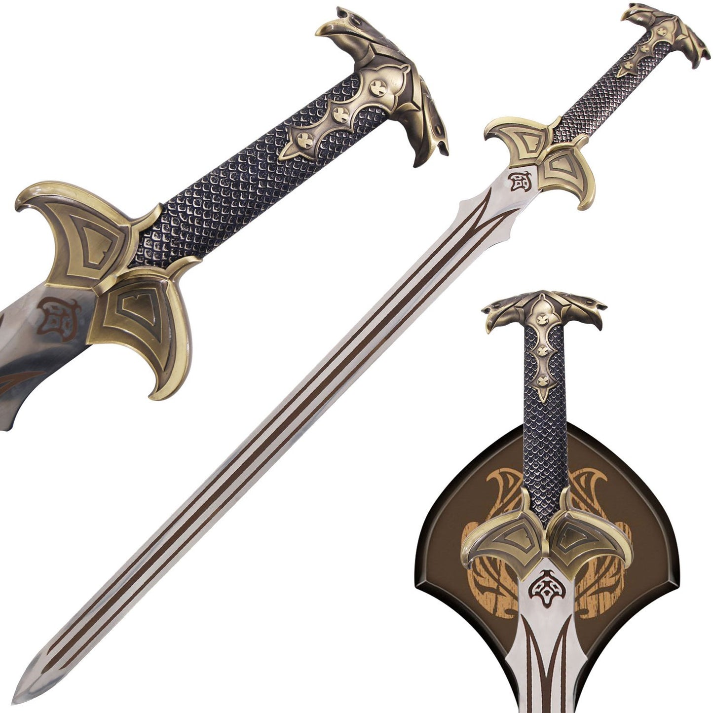 Fantasy Replica Sword Stainless Steel Blade with Wooden Display Plaque