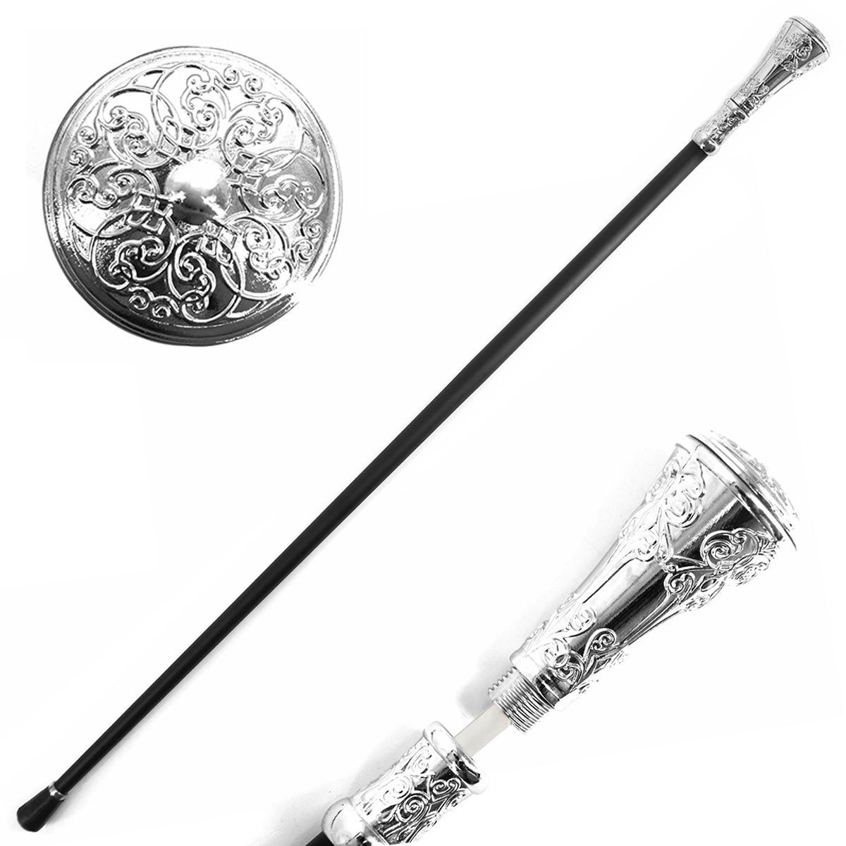 36" Silver Flower Pattern Knob Deluxe Steel Cane Sword