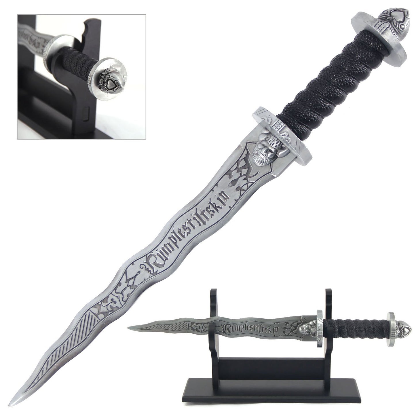 16.5” Dark One Dagger RUMPELSTILSKIN Metal Sword with Wooden Stand