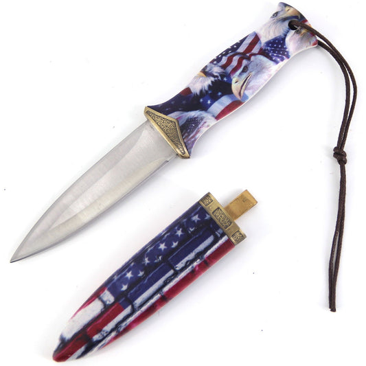 8 Inch Double Edge Blade USA Flag Bald Eagle Boot Knife With Clip