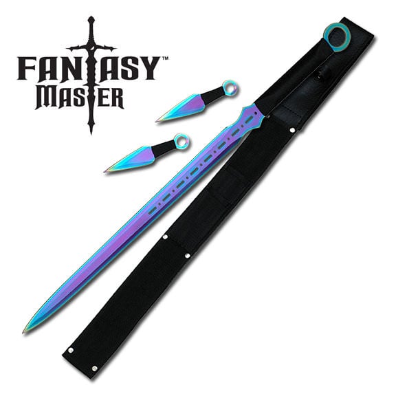 Titanium Ninja Sword With Set Of 2 Kunai Throwing Knives Combo Set With Back Belt Sheath