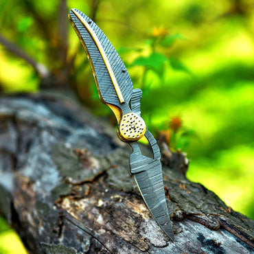 8.5" Leaf Style Damascus Steel Custom Handmade Folding Knife