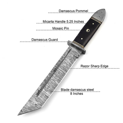 13.5 Inch Damascus Steel Custom Handmade Fixed Blade Tanto Knife