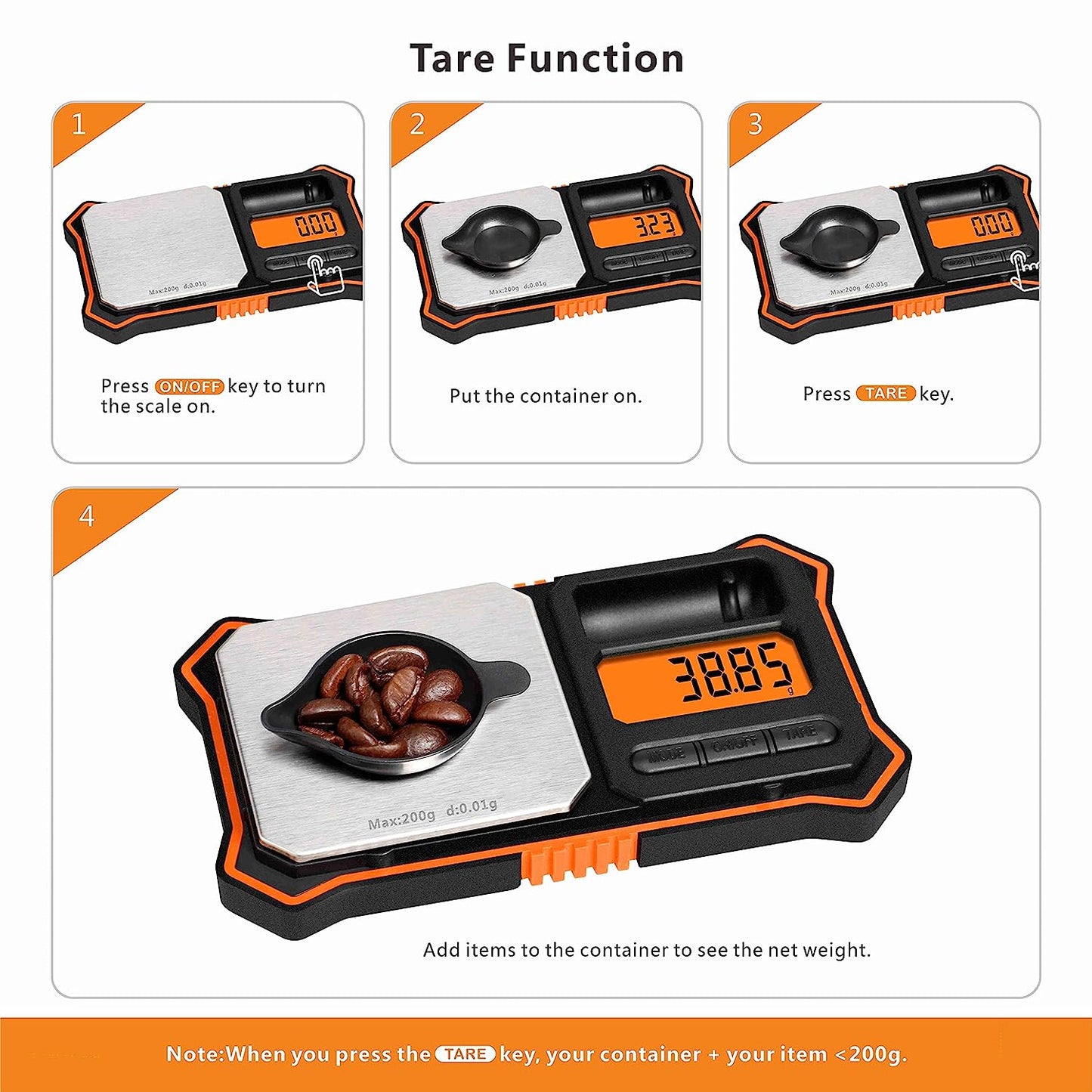 Fuzion Digital Pocket Scale, 200g x 0.01g Jewelry Gram Scale Orange