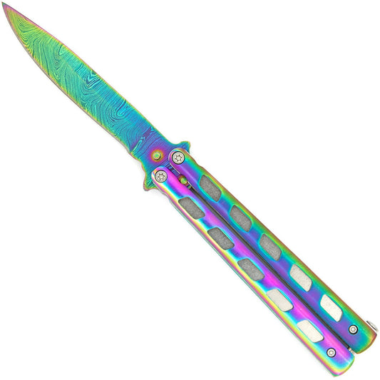 Rainbow Butterfly Knife, Titanium Damascus Drop Point Blade | ABS Holder