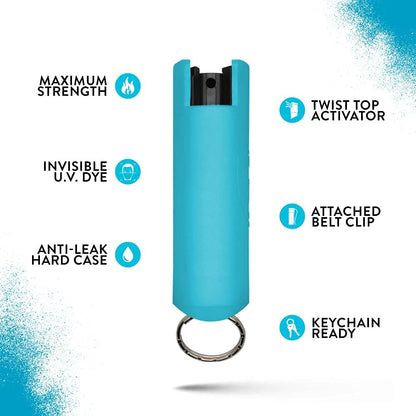 Light Blue Hard Case Personal Defense Pepper Spray Keychain With Belt Clip