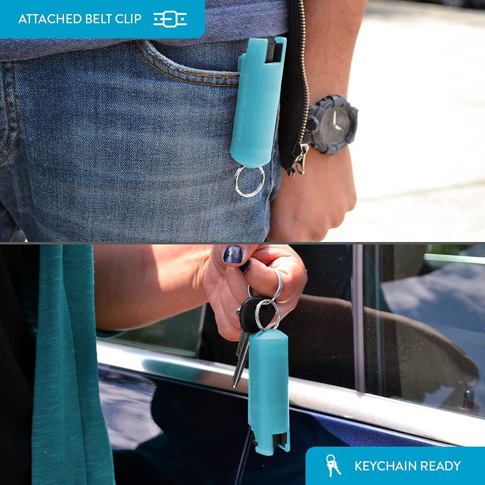 Light Blue Hard Case Personal Defense Pepper Spray Keychain With Belt Clip