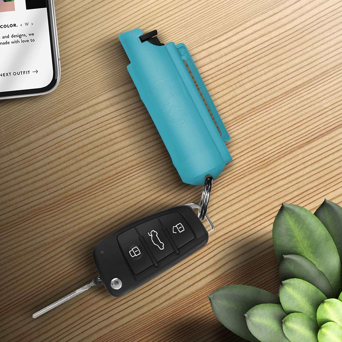 Light Blue Hard Case Personal Defense Pepper Spray Keychain With Belt Clip