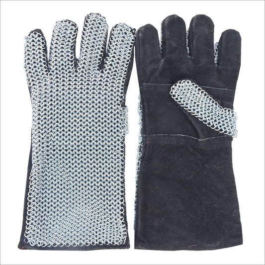 Medieval Suede Leather Gloves With Steel Chainmail Gauntlets