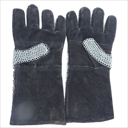 Medieval Suede Leather Gloves With Steel Chainmail Gauntlets