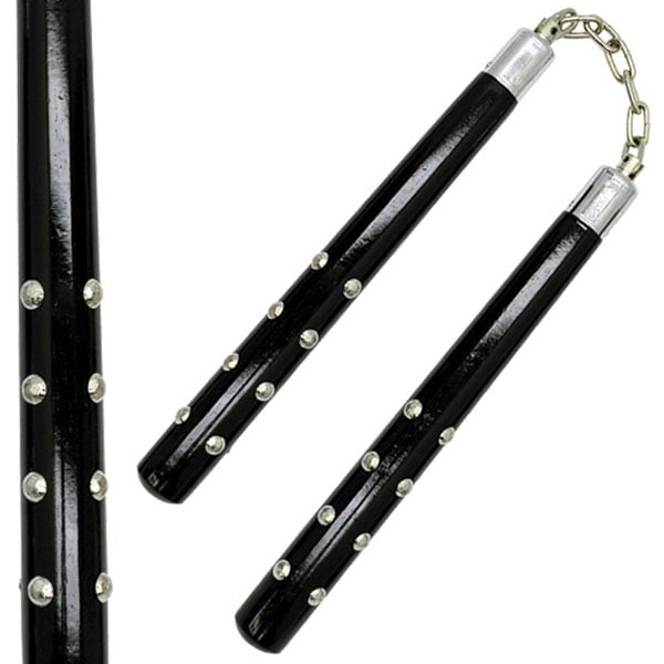 12" Black Wood Nunchaku with Chrome Studs Chain