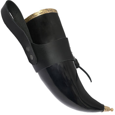 Brass Medieval Drinking Horn 15 oz with Black Leather Holster