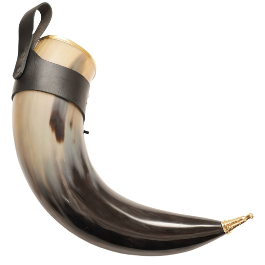 Brass Rim Medieval Drinking Horn 24oz with Black Leather Holster