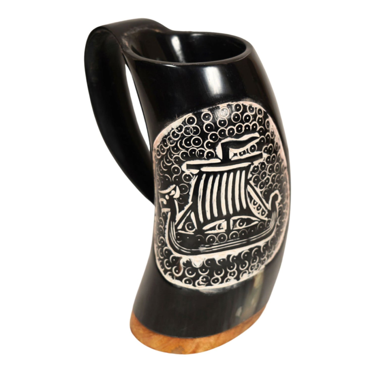 Viking Ship Hand Engraved Natural Buffalo Drinking Horn Mug