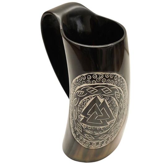 Viking Valknut Horn Mug - Drinking Odin Symbol Hand Carved