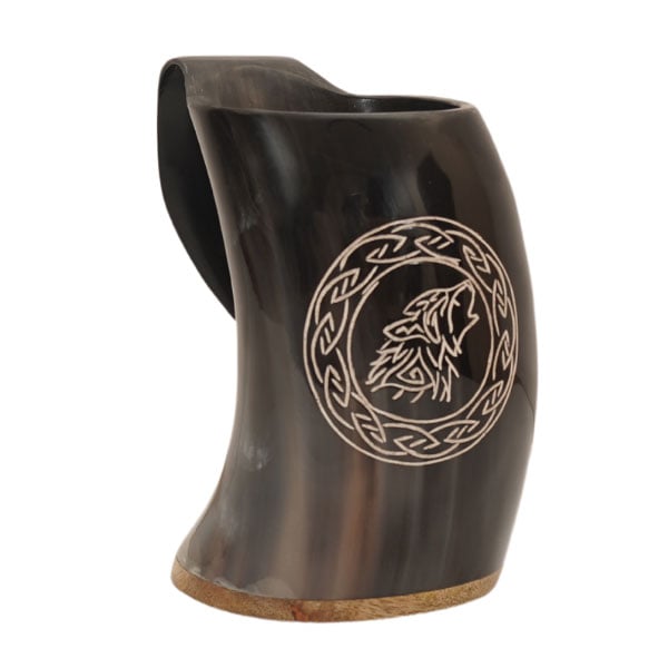 Hand Carved Fenrir Viking Warrior Drinking Horn Mug