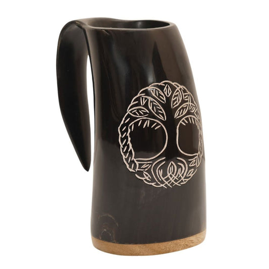 TREE OF LIFE - Hand Carved Viking Drinking Horn Mug