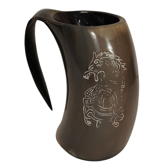 Nordic Viking Dragon Odin Hand Carved Viking Drinking Horn Mug