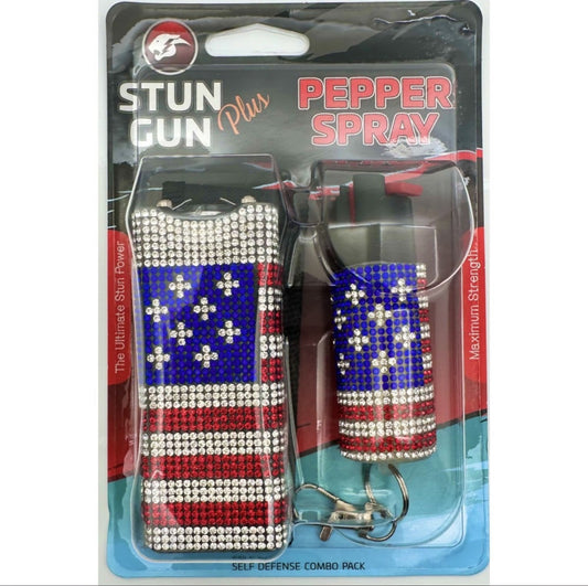 USA Flag Rhinestones Mini Stun Gun and Pepper Spray Combo for Self Defense